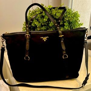 PRADA Tessuto black nylon with saffiano trimmed tote.